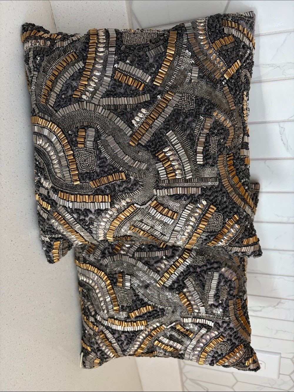 Metallic Beaded Decorative Throw Pillow - Gold & Silver
